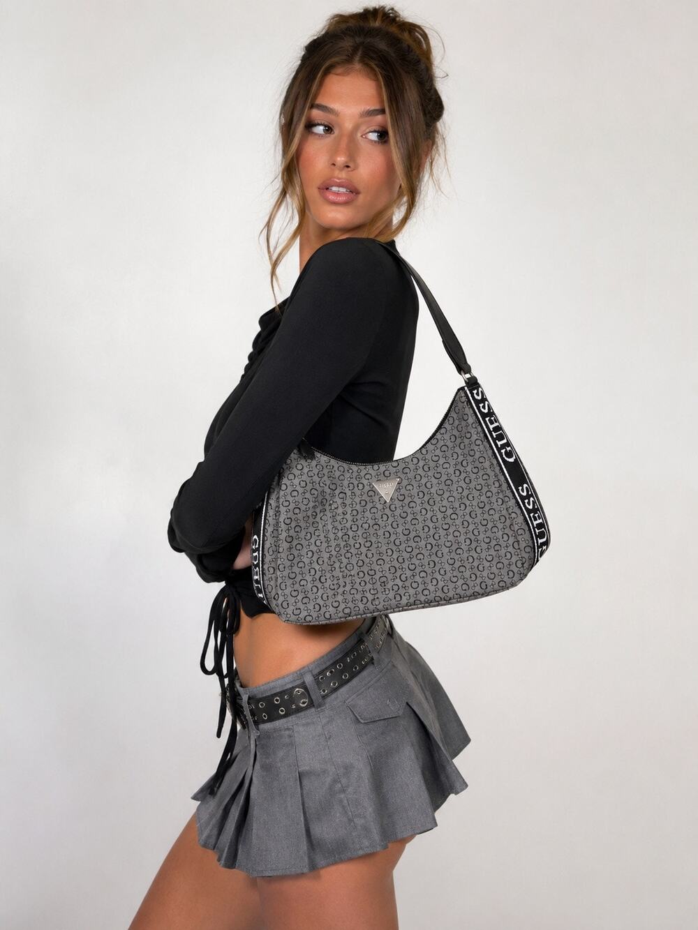 GUESS Logo Monogram Shoulder Bag Y2K Indie Baguette Purse Gray Black McBling
